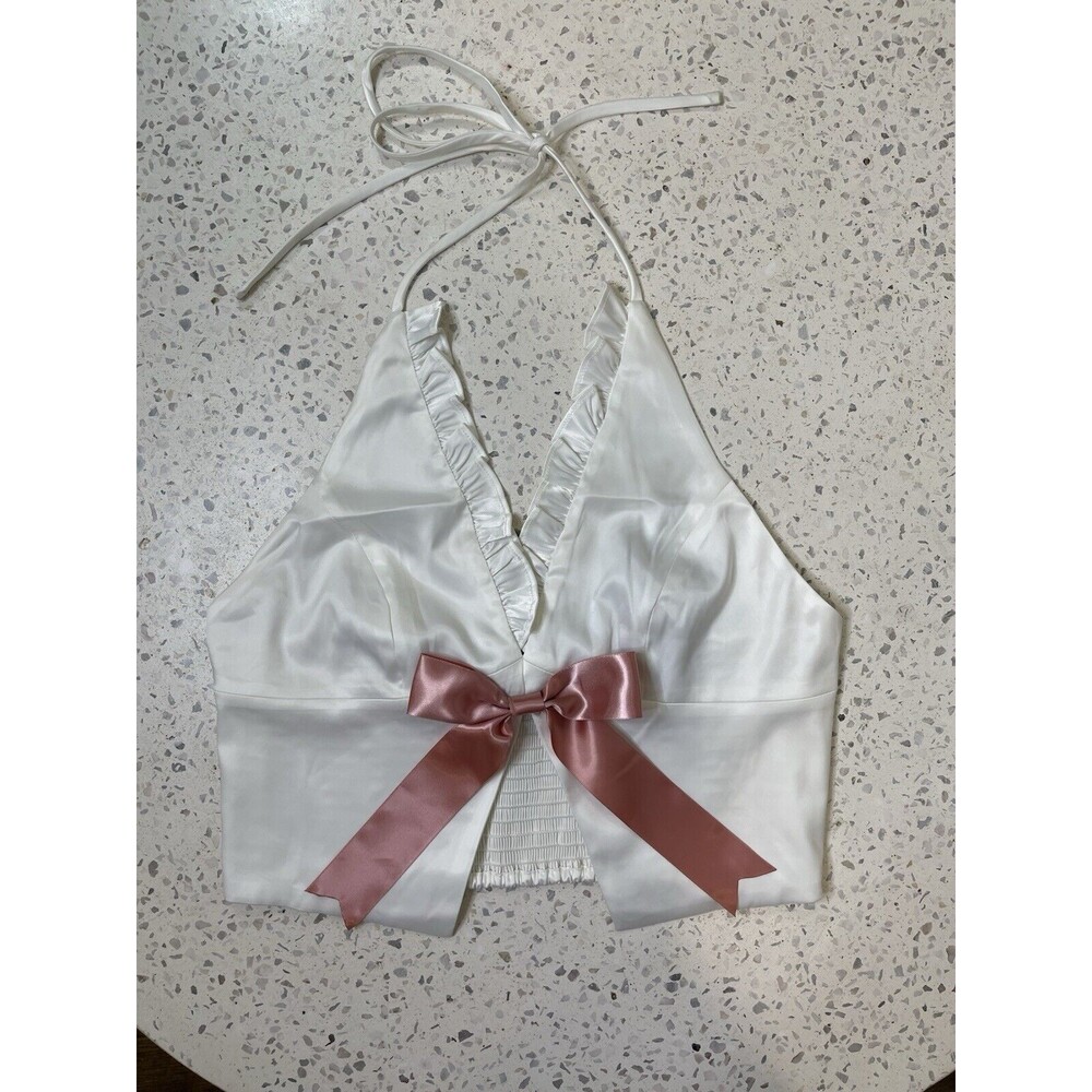 Coquette Halter Top Womens M White Adjustable Festival Boho Hippie Pink Bow